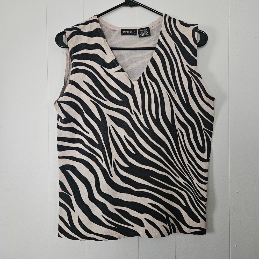 Zebra Print Tank Top‎ Women Large V-Neck Silk Blend